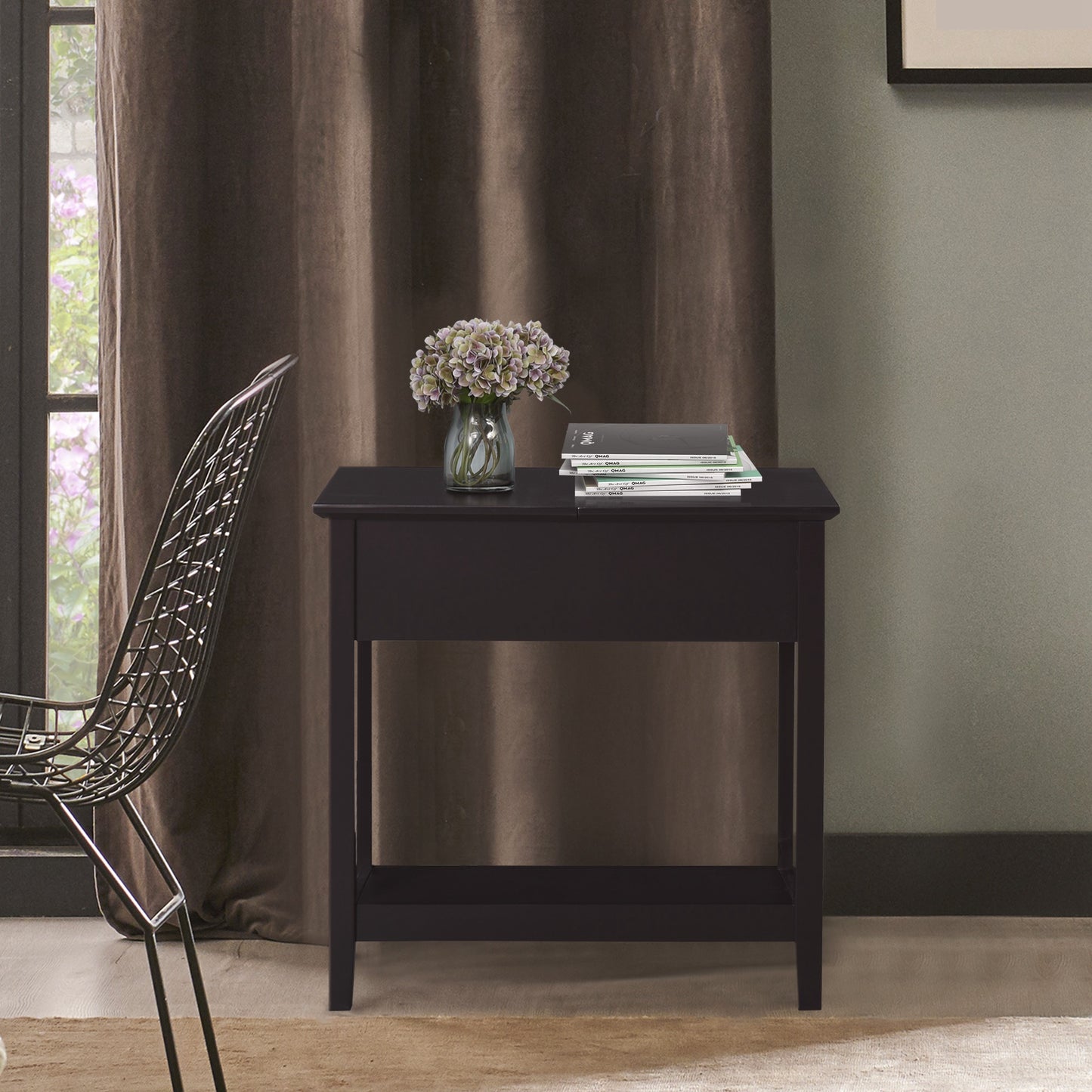 End Side Table in Flip Top Design with Cabinet and Bottom Shelf, Storage Furniture Decoration for Bedroom Living Room Office, Dark Coffee