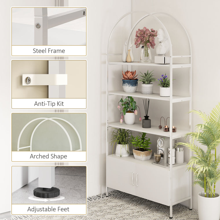 4-Tier Arched Bookshelf with Cabinet - White