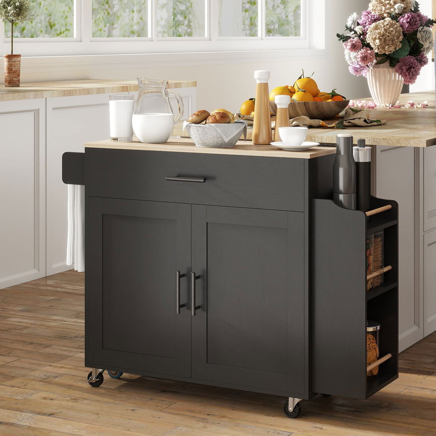 Kitchen Island with Storage, Rolling Kitchen Cart with Foldable Drop Leaf, Power Outlet and USB Ports, Black