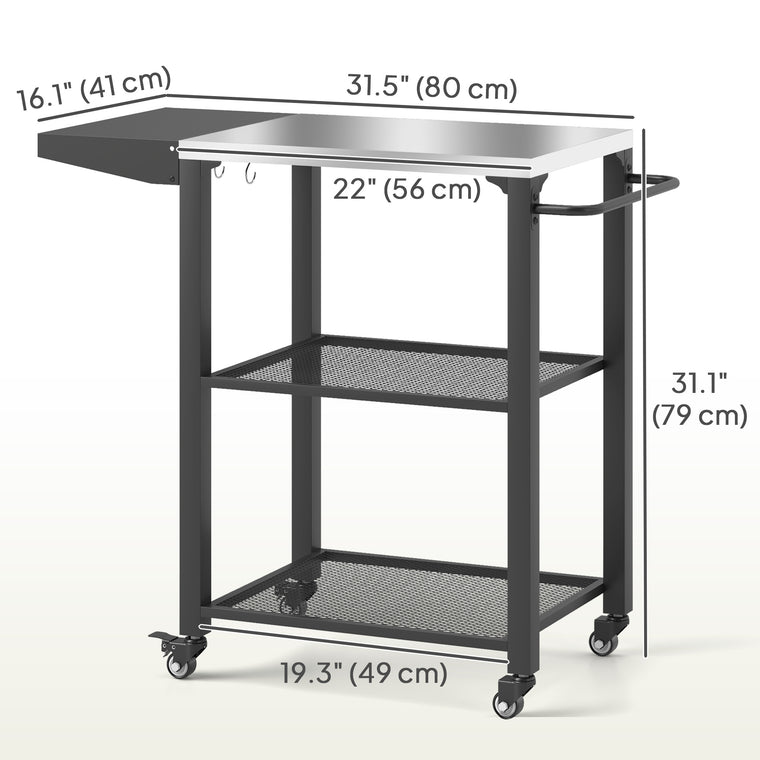 3-Tier Grill Cart with Foldable Side Table & Stainless Steel Top