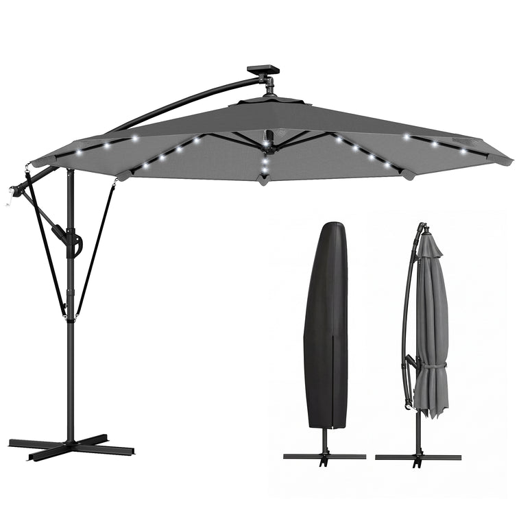 9.7ft Dark Grey Solar LED Cantilever Umbrella with Crank