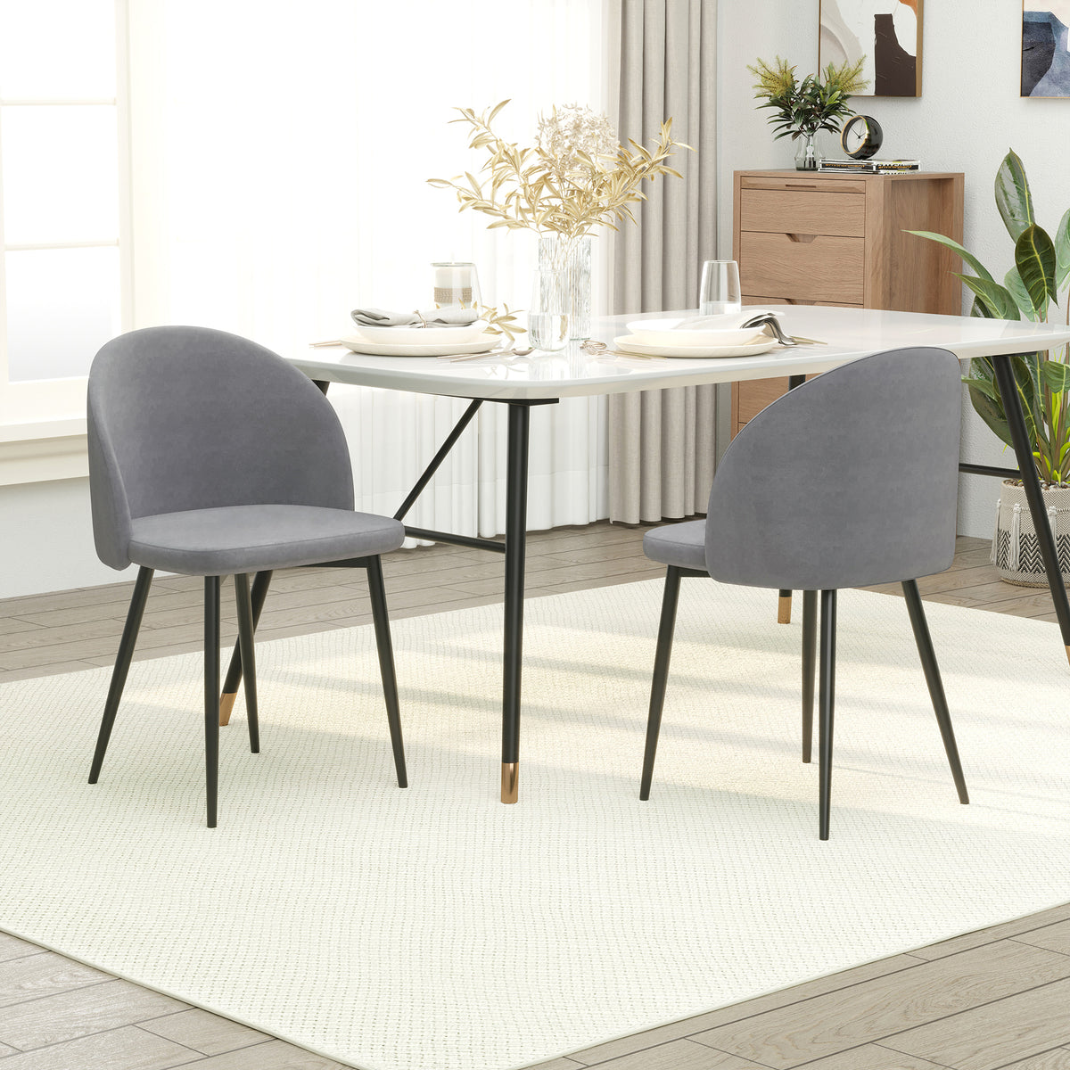 Set of 2 Mid-Back Dining Chairs, Velvet-touch Upholstered Kitchen Chairs for Living Room and Dining Room, Grey