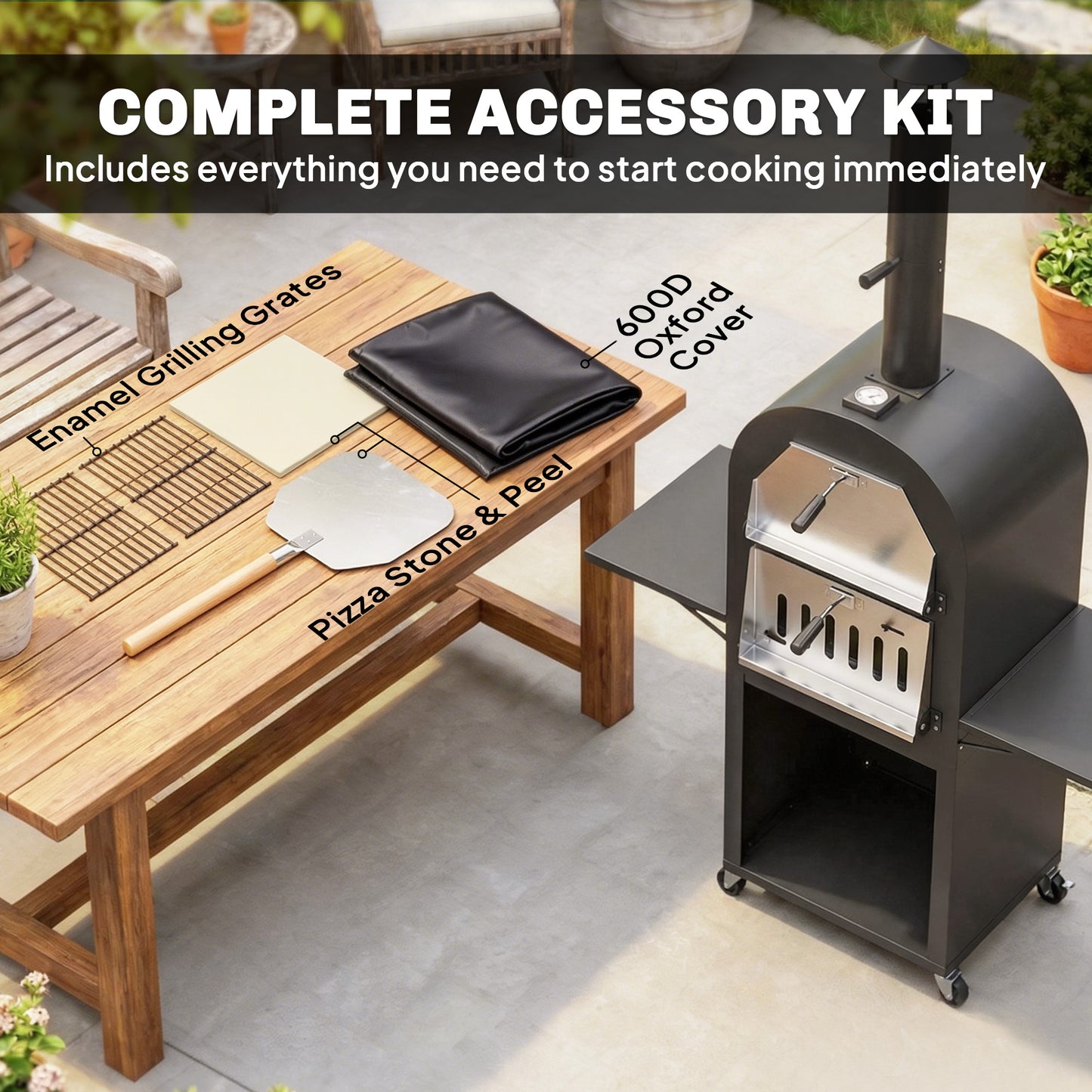 Outdoor Wood Fired Pizza Oven with Side Shelves and Open Cabinet, Pizza Maker on Wheels with Thermometer, Stone, Peel