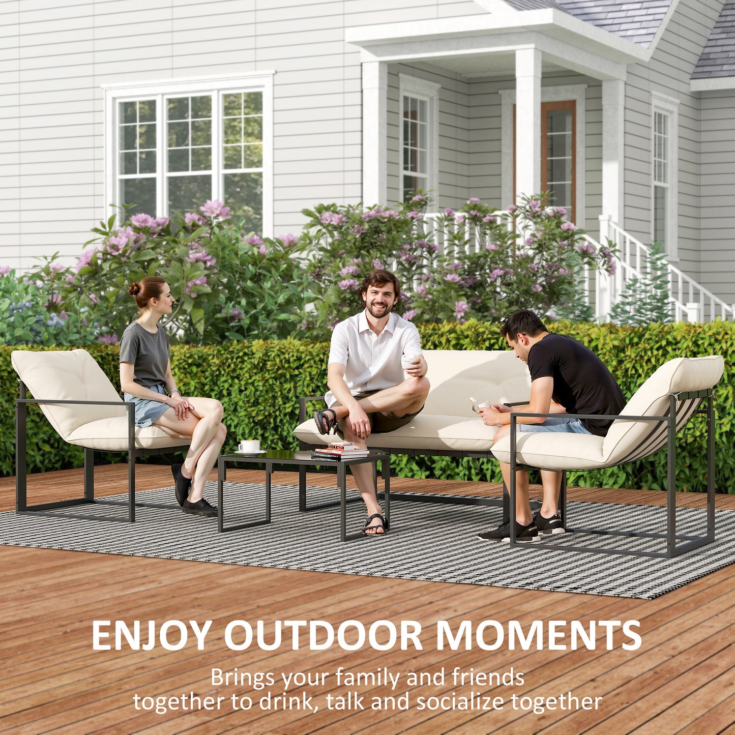 4 Piece Outdoor Furniture Set, Patio Conversation Set with Tempered Glass Table, Loveseat, 2 Chairs and Cushions, Beige