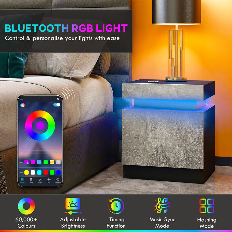 Nightstand with LED Lights and 2 Drawers