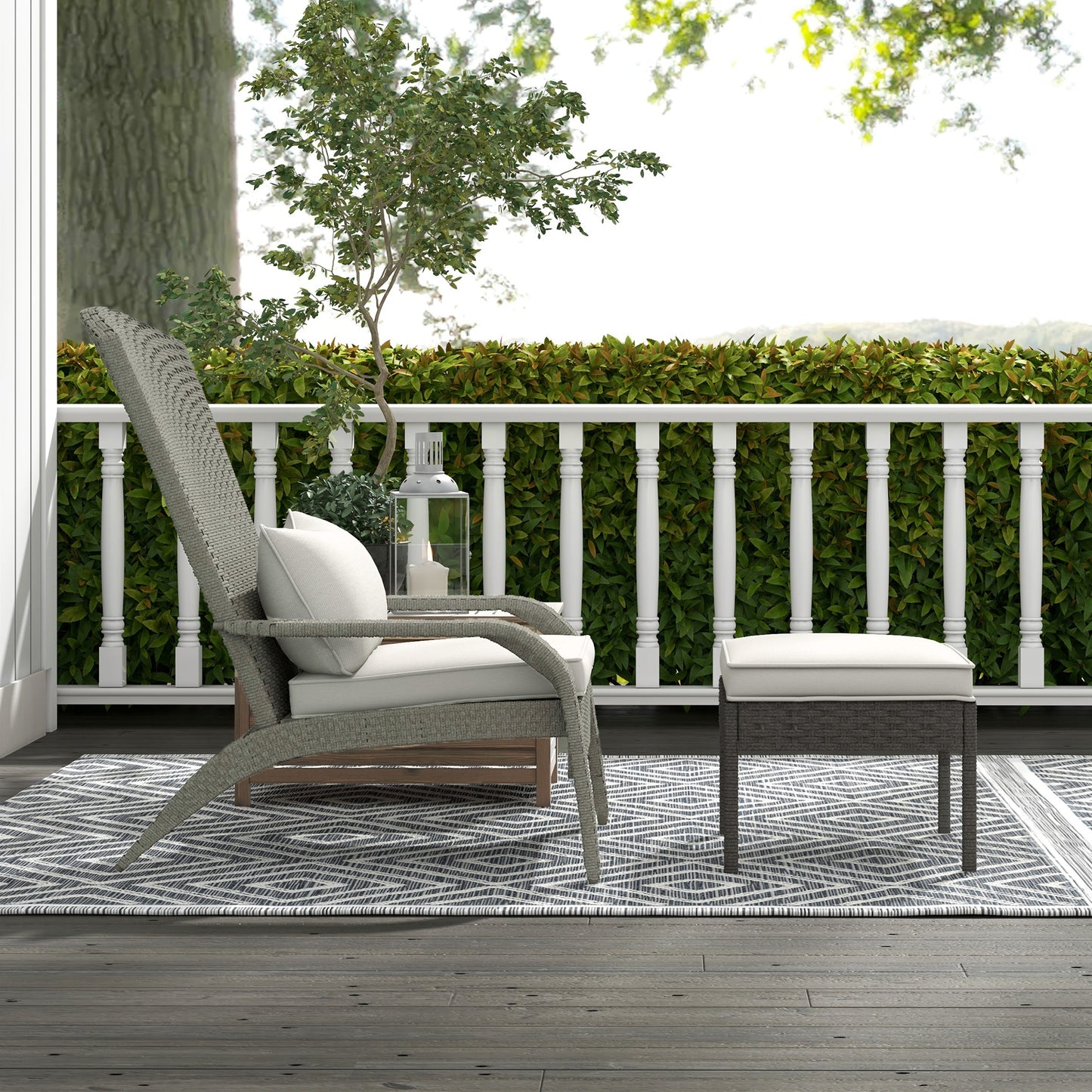 Wicker Adirondack Chair with Ottoman, Patio Cushioned Muskoka Chair, Outdoor Fire Pit Chair with High-back and Armrests, for Deck, Garden, Backyard, Grey/Cream White