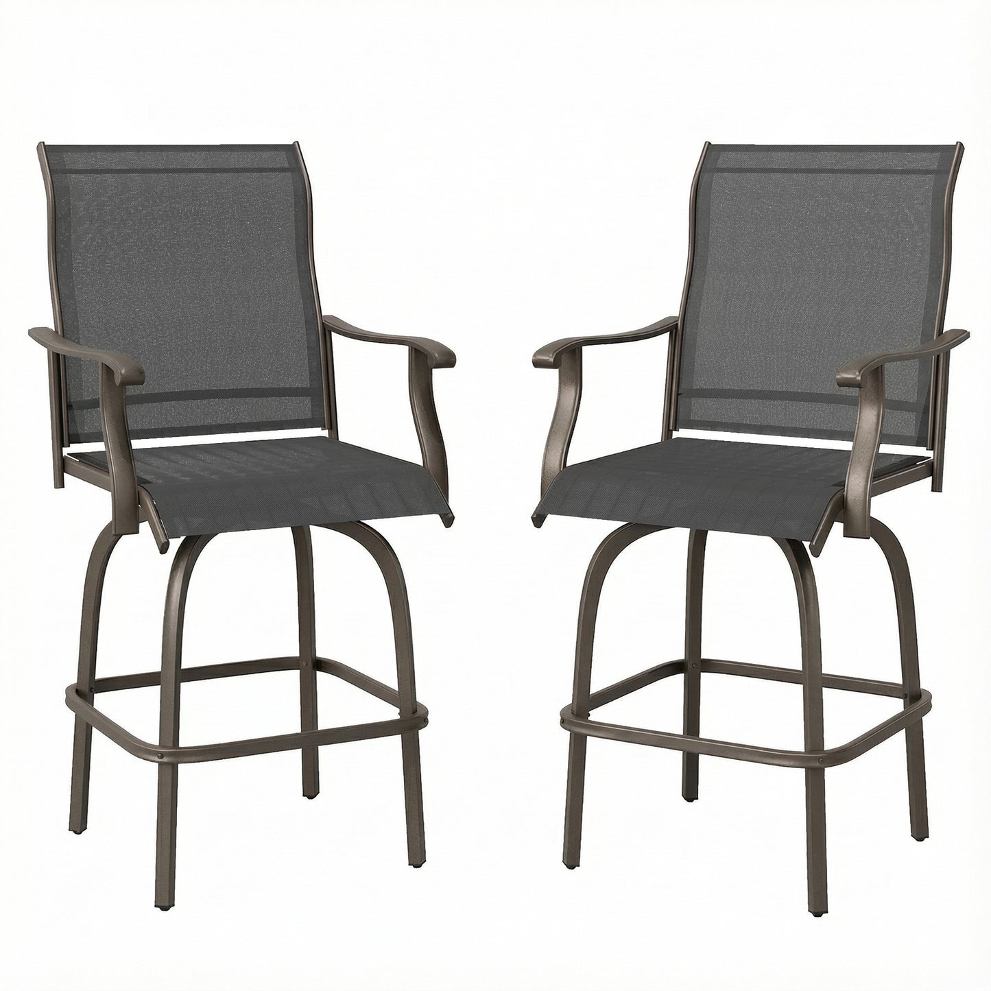 Outdoor Bar Stools Set of 2, Swivel Bar Height Chairs with High Back, Curved Armrests and Steel Frame, Black