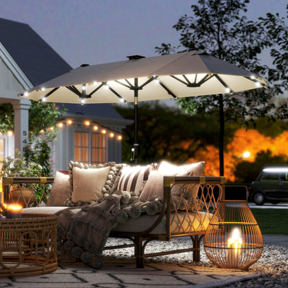 10ft Beige Double-Sided Umbrella with 35 LED Lights