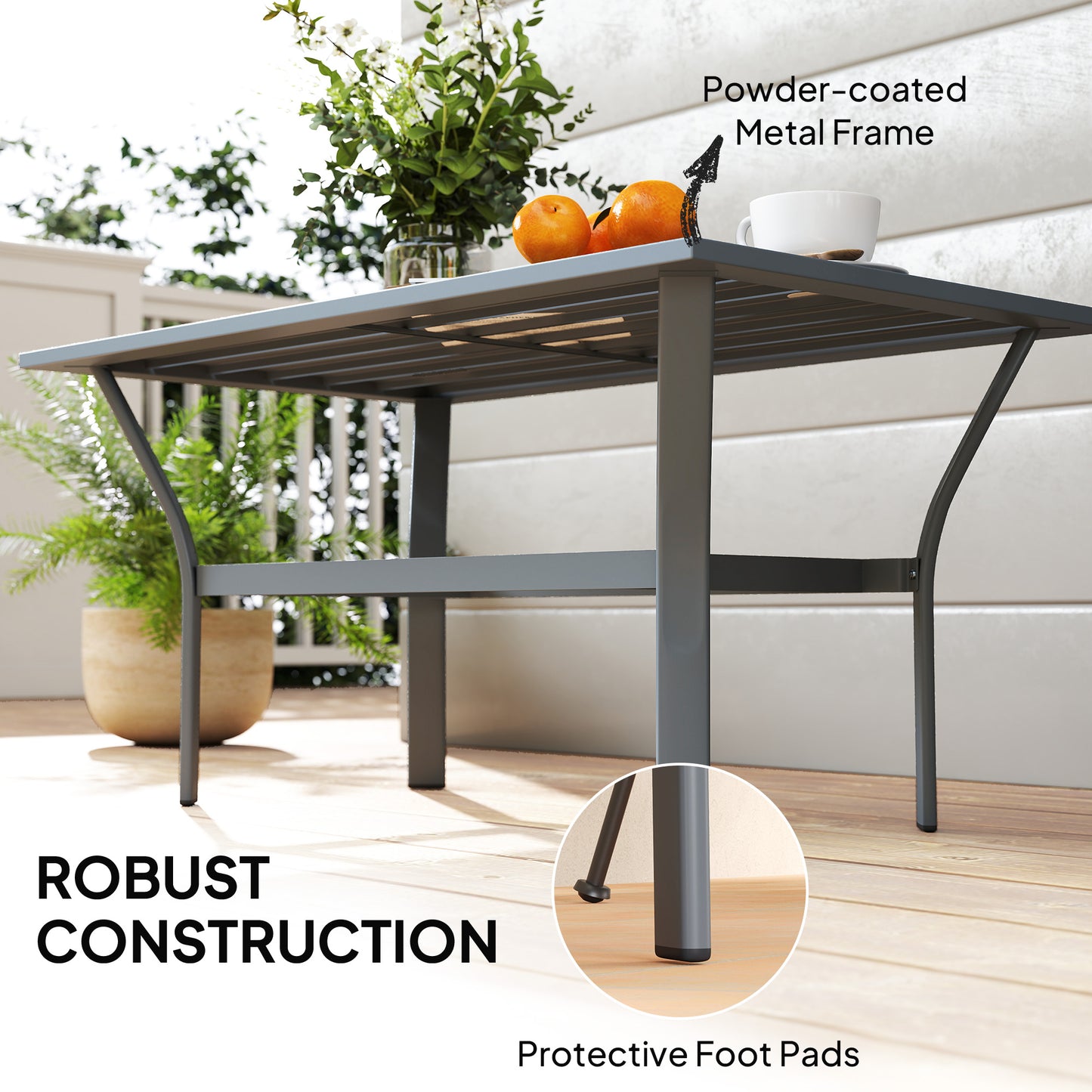 Outdoor Side Table with Slatted Tabletop, Metal Patio Coffee Table for Garden, Balcony, Black