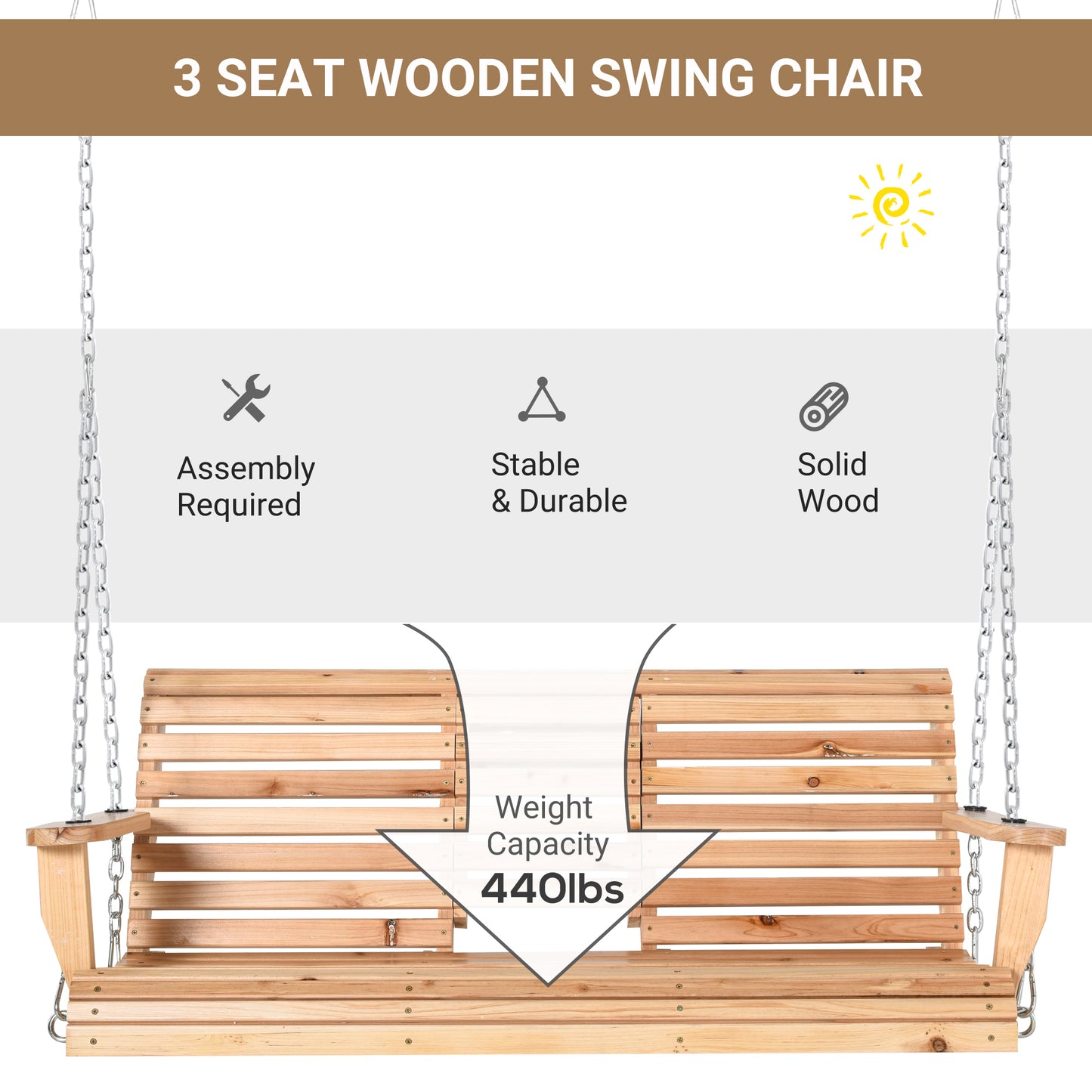 3 Seater Patio Swing Chair Wood Porch Swing with Foldable Table, Cup Holders, Steel Chains for Garden, Yard, Natural