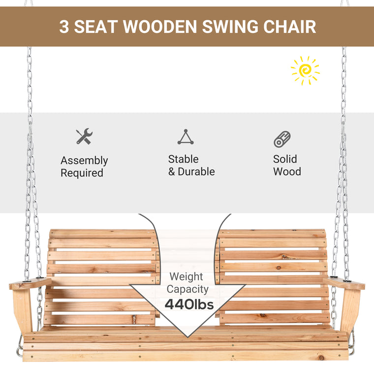 3-Seater Wood Porch Swing with Foldable Table & Cup Holders