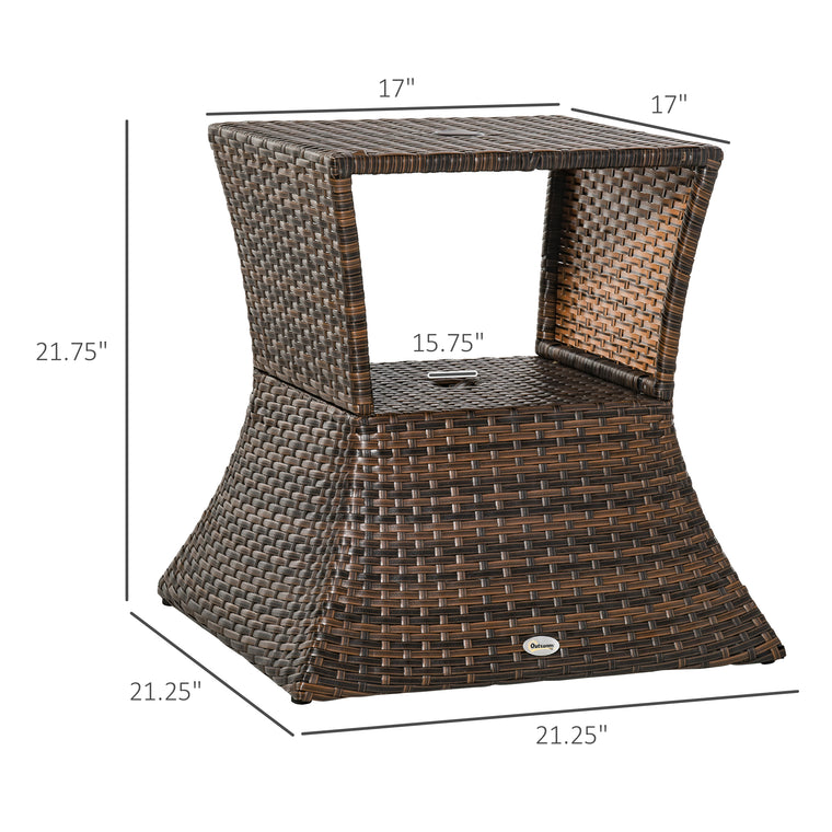 Mixed Brown Wicker Side Table with 2-Tier Storage