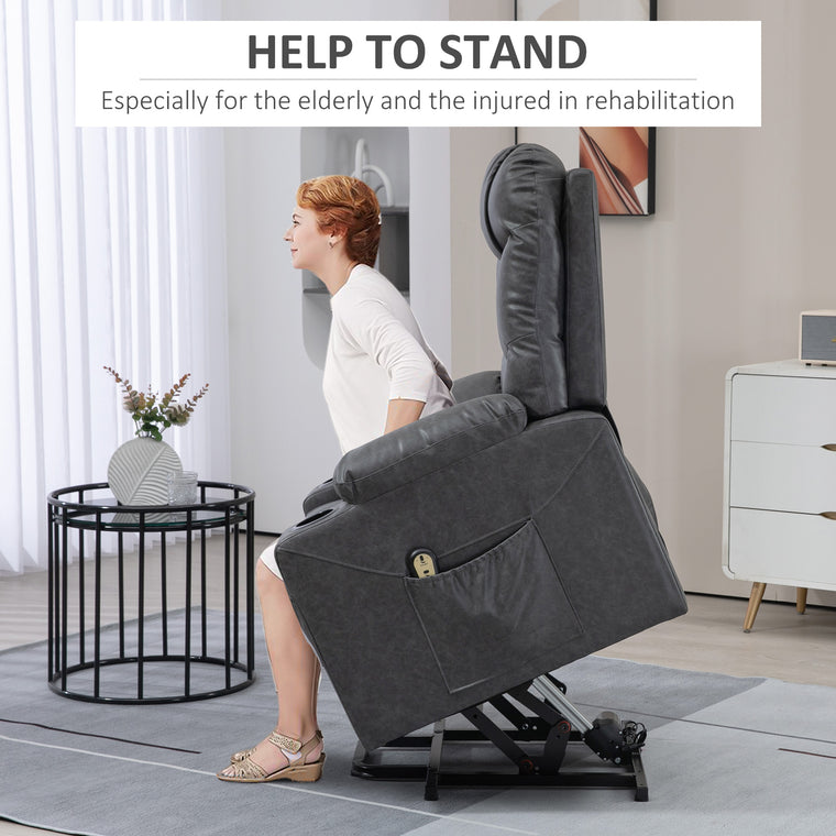 PU Leather Power Lift Recliner with Remote - Grey
