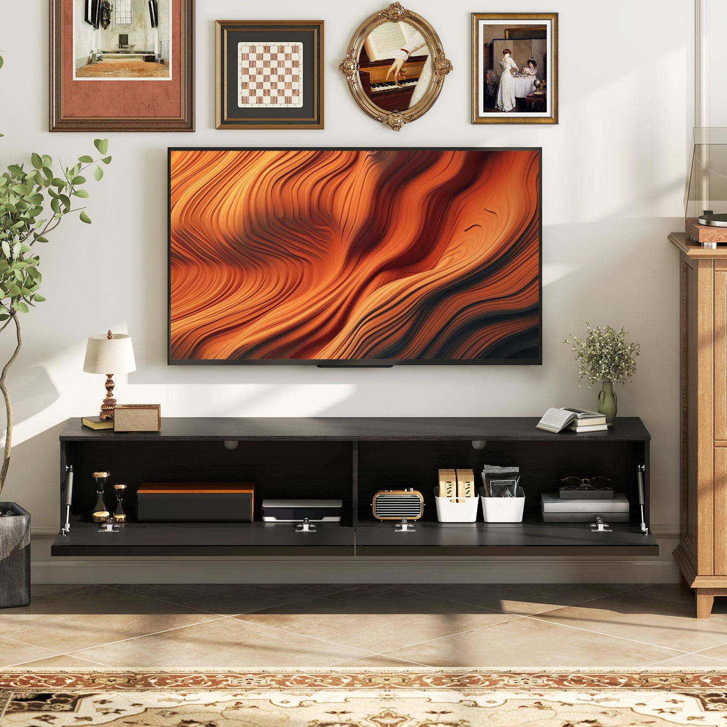 Wall Mounted TV Stand, Floating TV Cabinet with Storage, for TVs up to 70", High Gloss Effect, Black