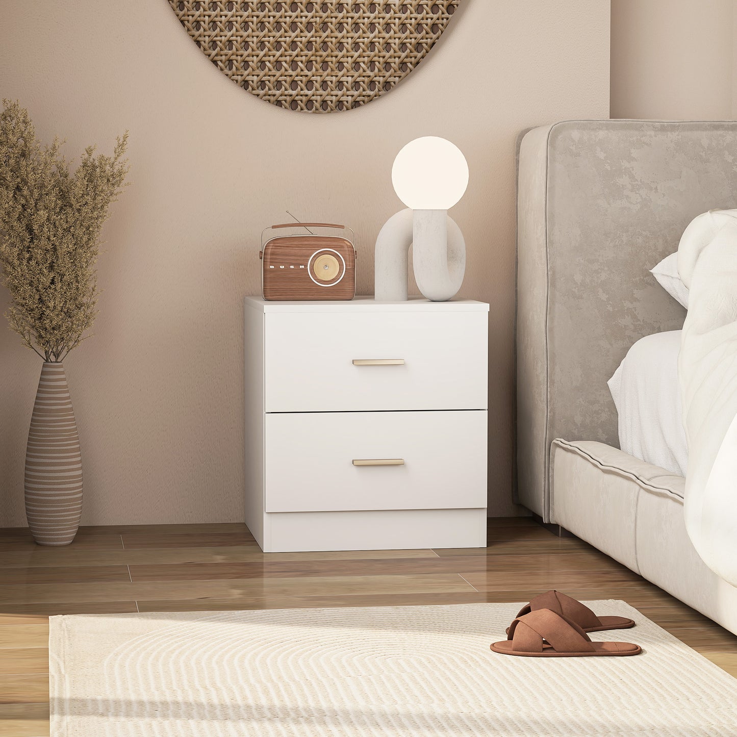 Bedside Table with 2 Drawers, Modern Nightstand for Bedroom, White