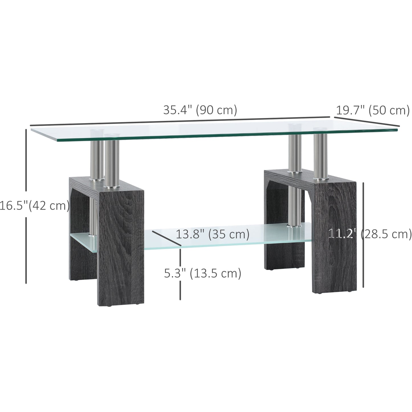 Rectangle Glass Coffee Table, 2-Tier Center Table with Tempered Glass Top and Storage Shelf for Living Room, Grey