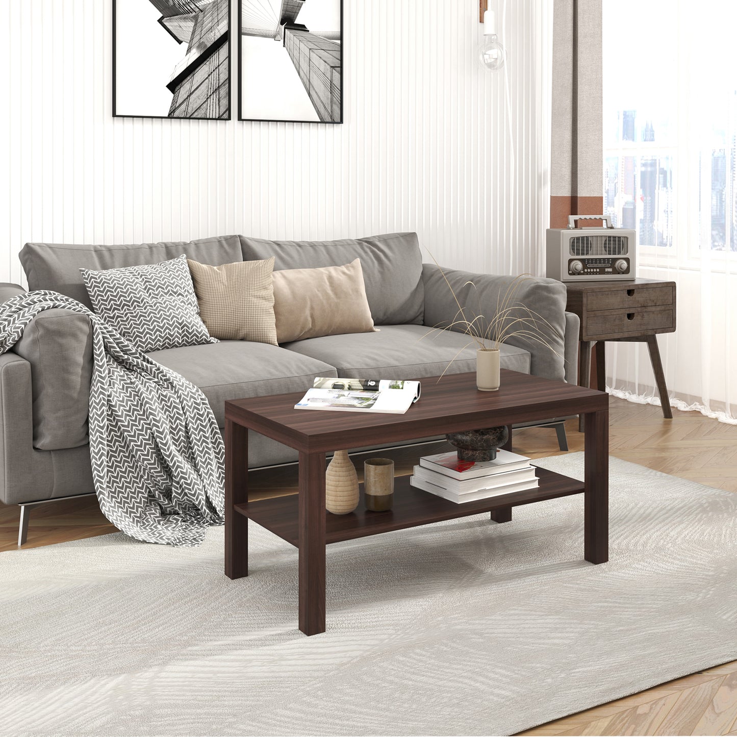 2 Tier Coffee Table with Storage Shelf, Rectangular Center Table for Living Room, Home Office Furniture Walnut
