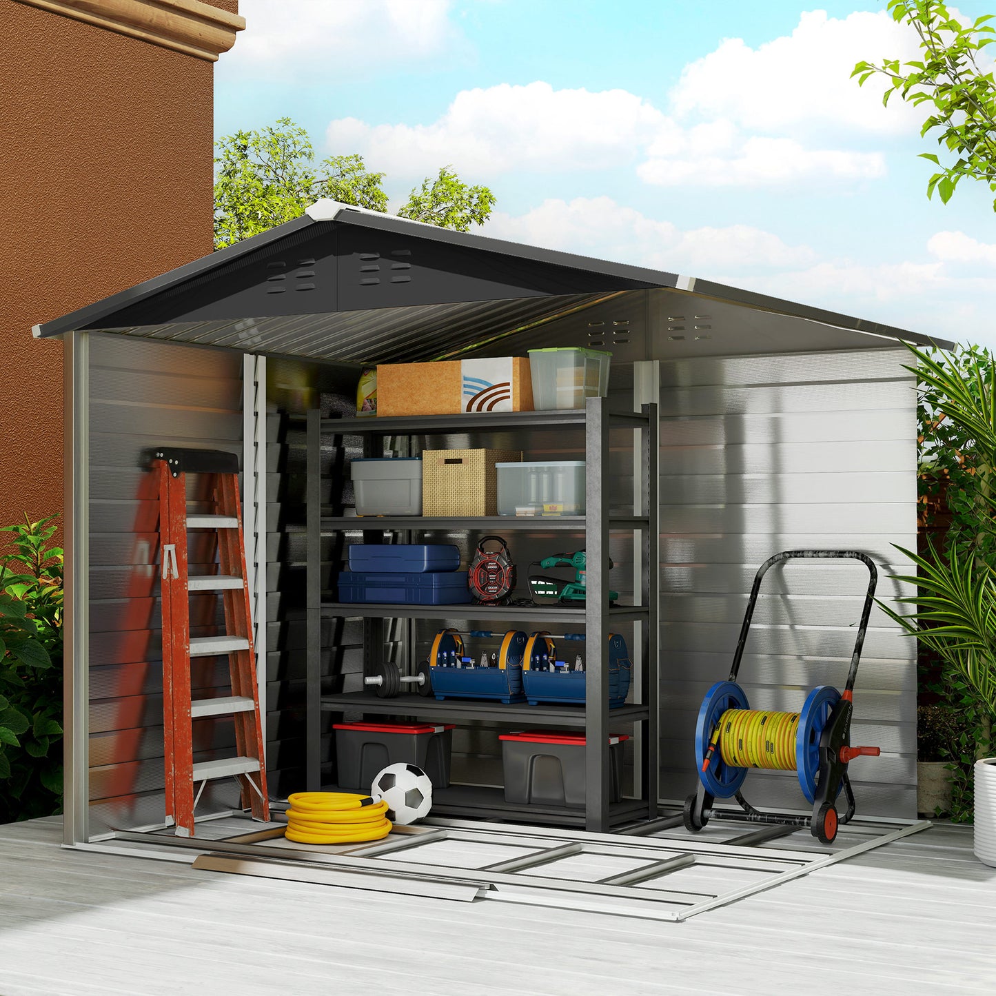8' x 7' Outdoor Storage Shed, Galvanized Steel Metal Garden Shed with Lockable Doors, Floor Frame, Vents, Lock and Gloves for Backyard, Lawn, Patio, Teak