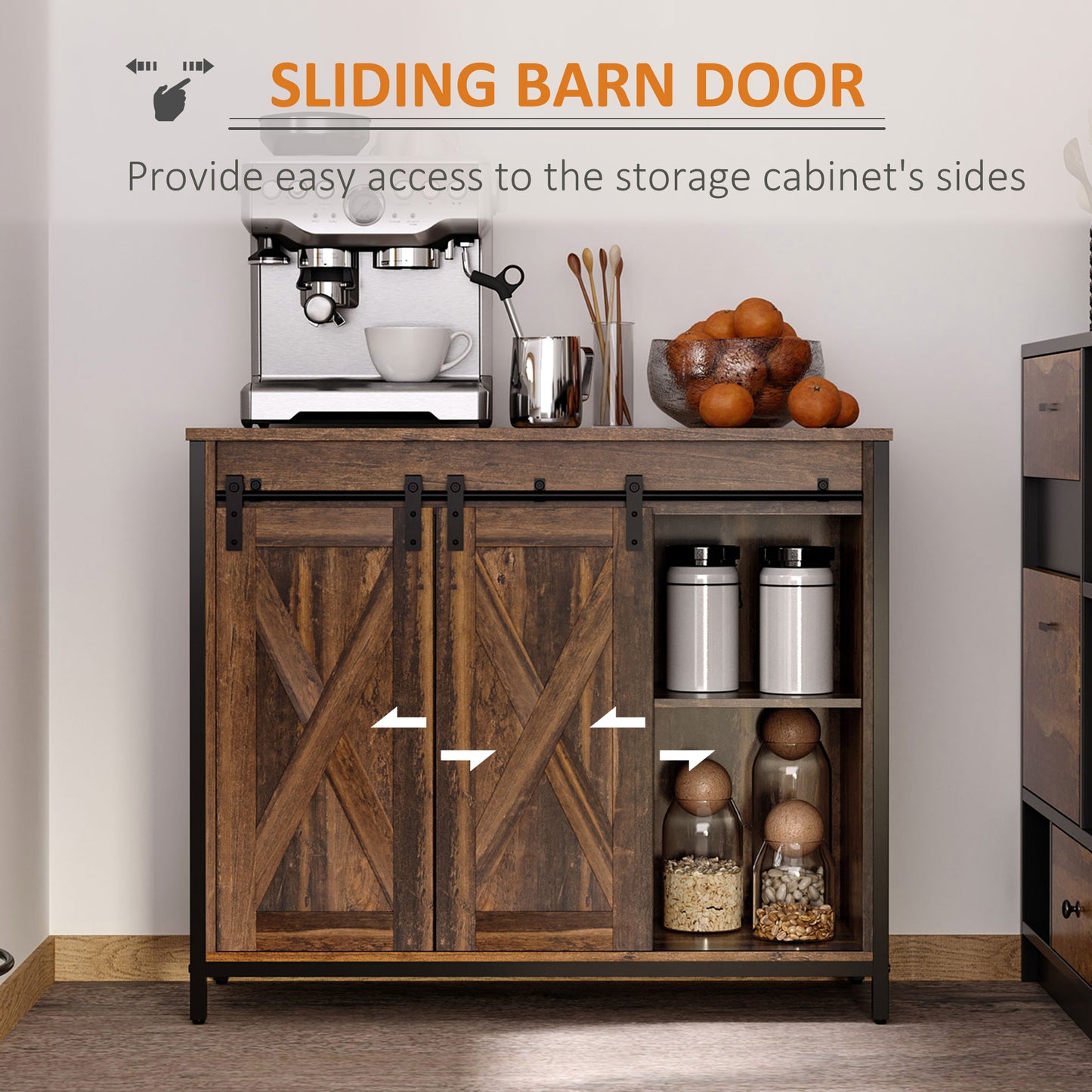 Industrial Sideboard, Buffet Cabinet with Sliding Barn Doors, Storage Cabinets and Adjustable Shelves for Living Room, Kitchen, Home Bar, Rustic Brown