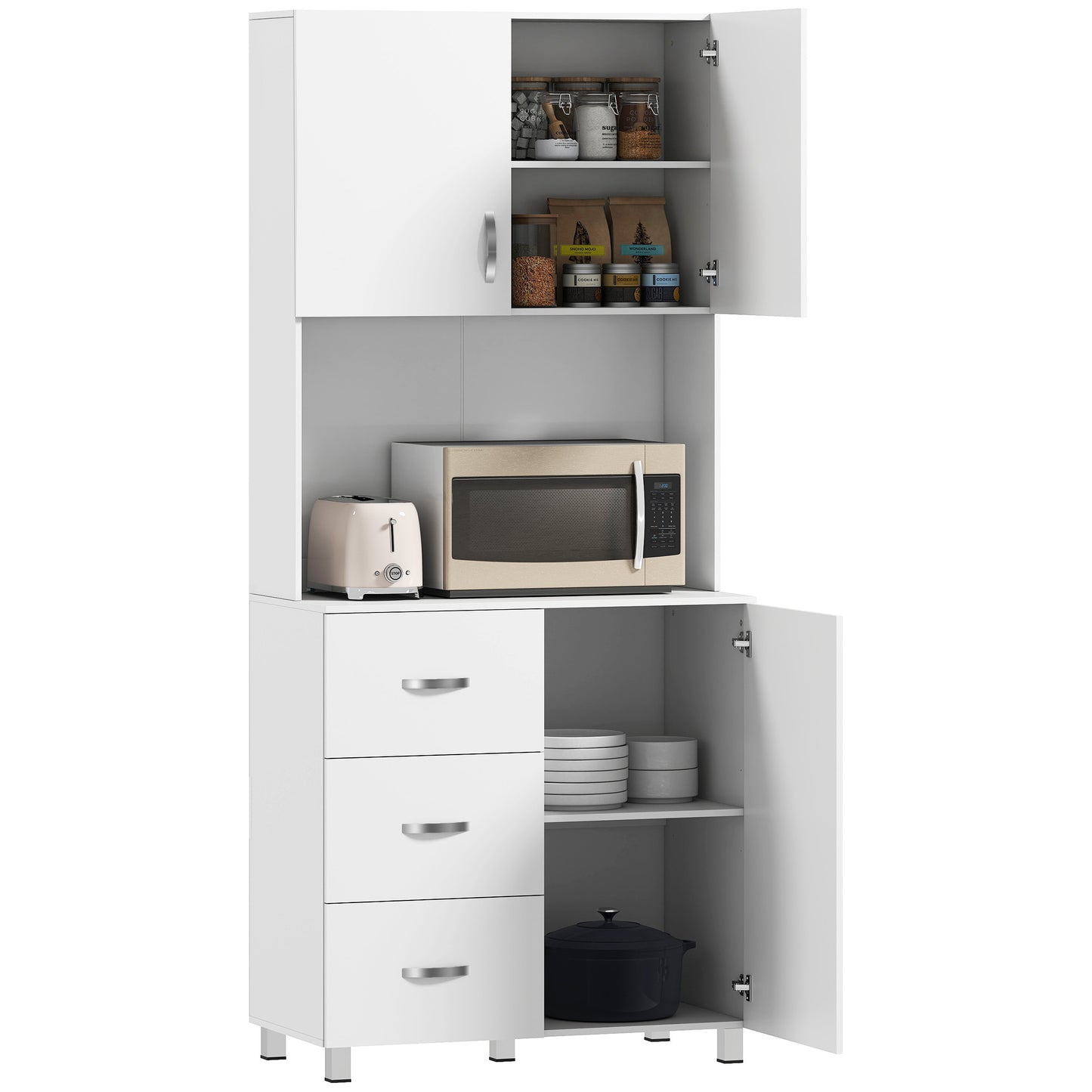 Freestanding Kitchen Buffet with Hutch Storage Organizer with 2 Door Cabinets, 3 Drawers and Open Countertop, Adjustable Shelf for Dining Room Pantry, White