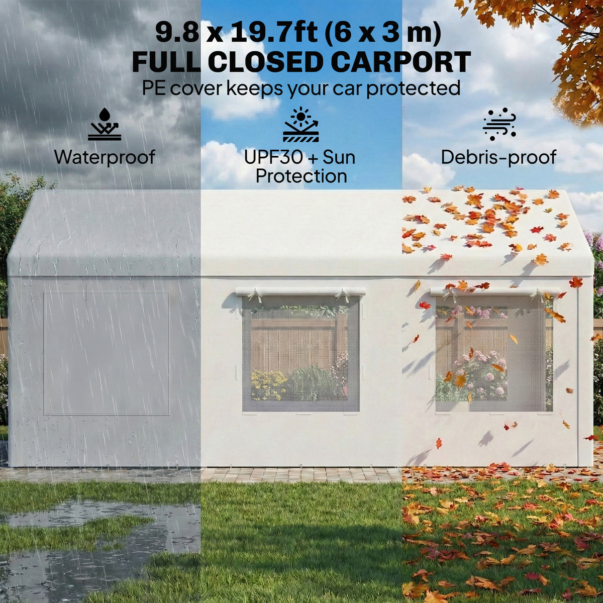 10' x 20' White Heavy Duty Carport with Doors & Windows