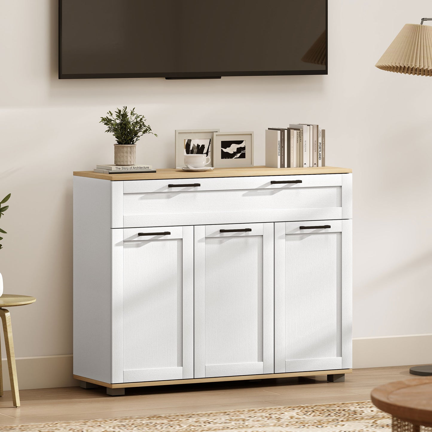 Sideboard Buffet Cabinet, Modern 40" Coffee Bar Cabinet with Wide Drawer, 3 Doors and 2 Adjustable Shelves, White