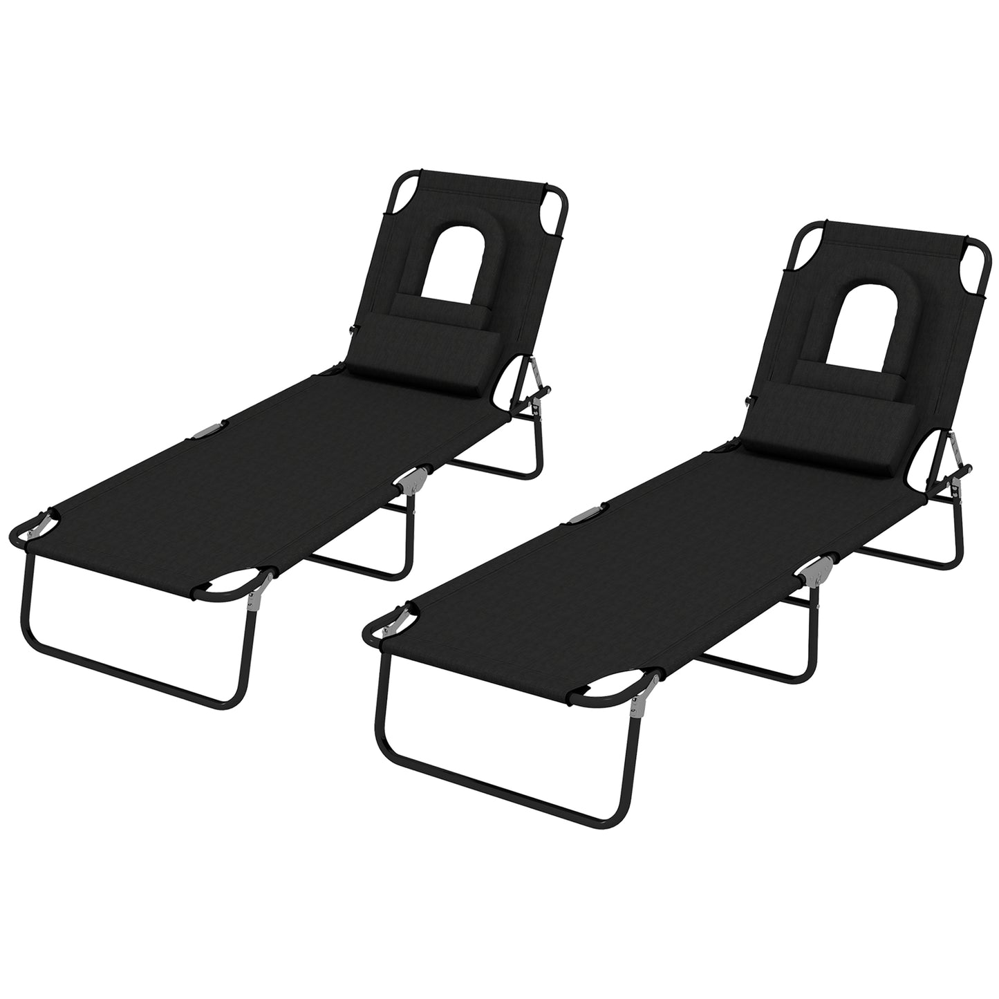 Folding Lounge Chair Set of 2, Reclining Beach Tanning Chair with Face Hole, Pillow, 4-Position Adjustable Flat Sun Lounger, Steel Frame for Outdoor Patio Pool, Green