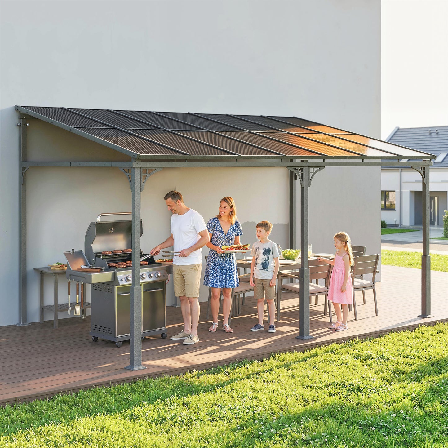 13' x 10' Lean to Gazebo, Hardtop Wall Mounted Outdoor Pergola with Polycarbonate Roof and Metal-Aluminium Frame