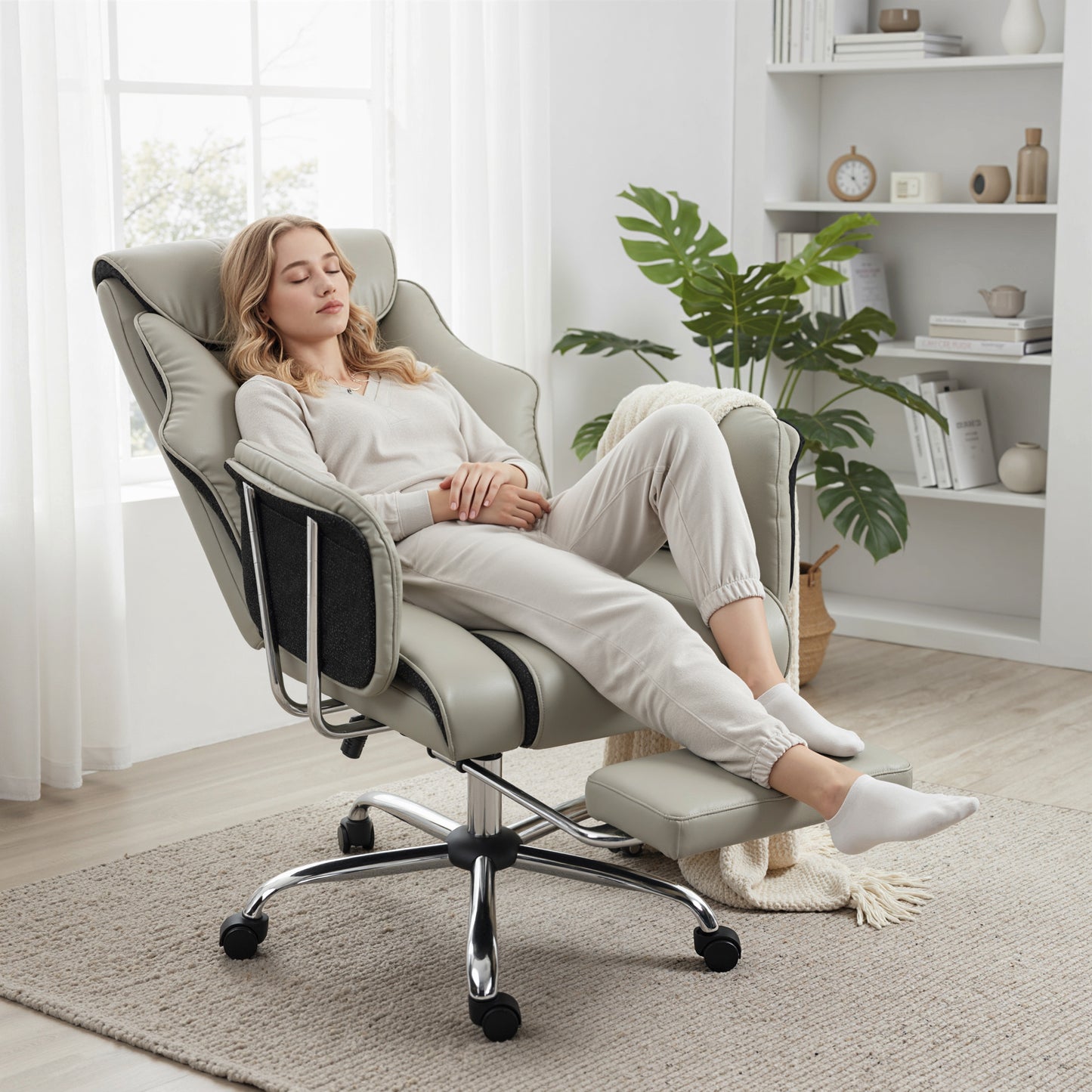 Reclining Office Chair, Overstuffed Executive Desk Chair with High Back, PU Leather, Footrest, Swivel Wheels, Grey