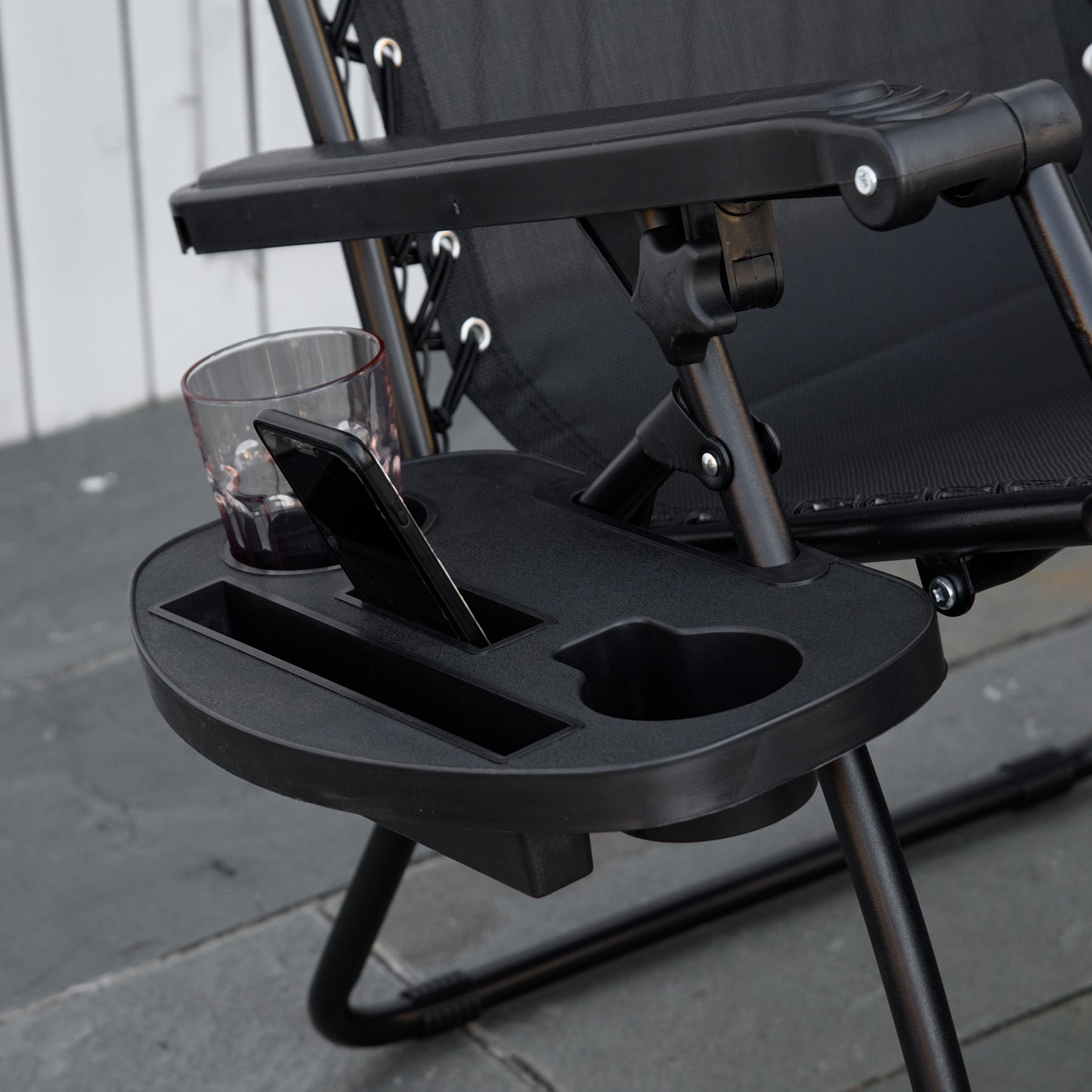 2 Piece Foldable Lounge Chair with Canopy Shade, Outdoor Zero Gravity Chair w/ Side Tray & Cup Holder, Reclining Lounger w/ Breathable Mesh Fabric Seat, Pillow, Black