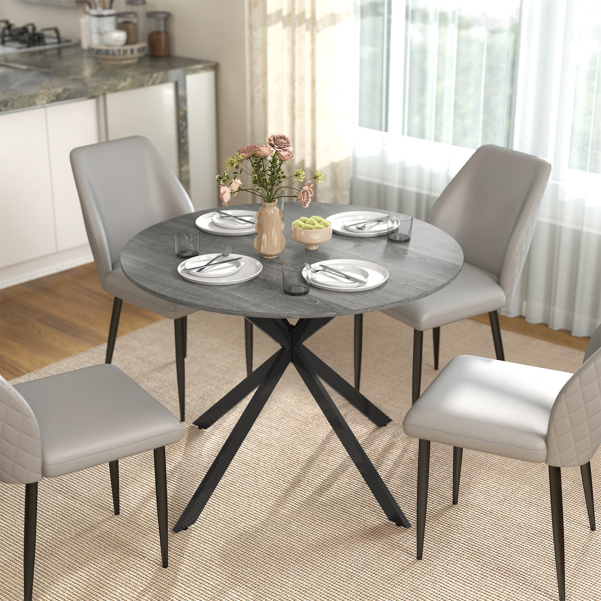 40" Round Kitchen Table for 4, Industrial Dining Table with Steel Legs for Dining Room, Distressed Grey
