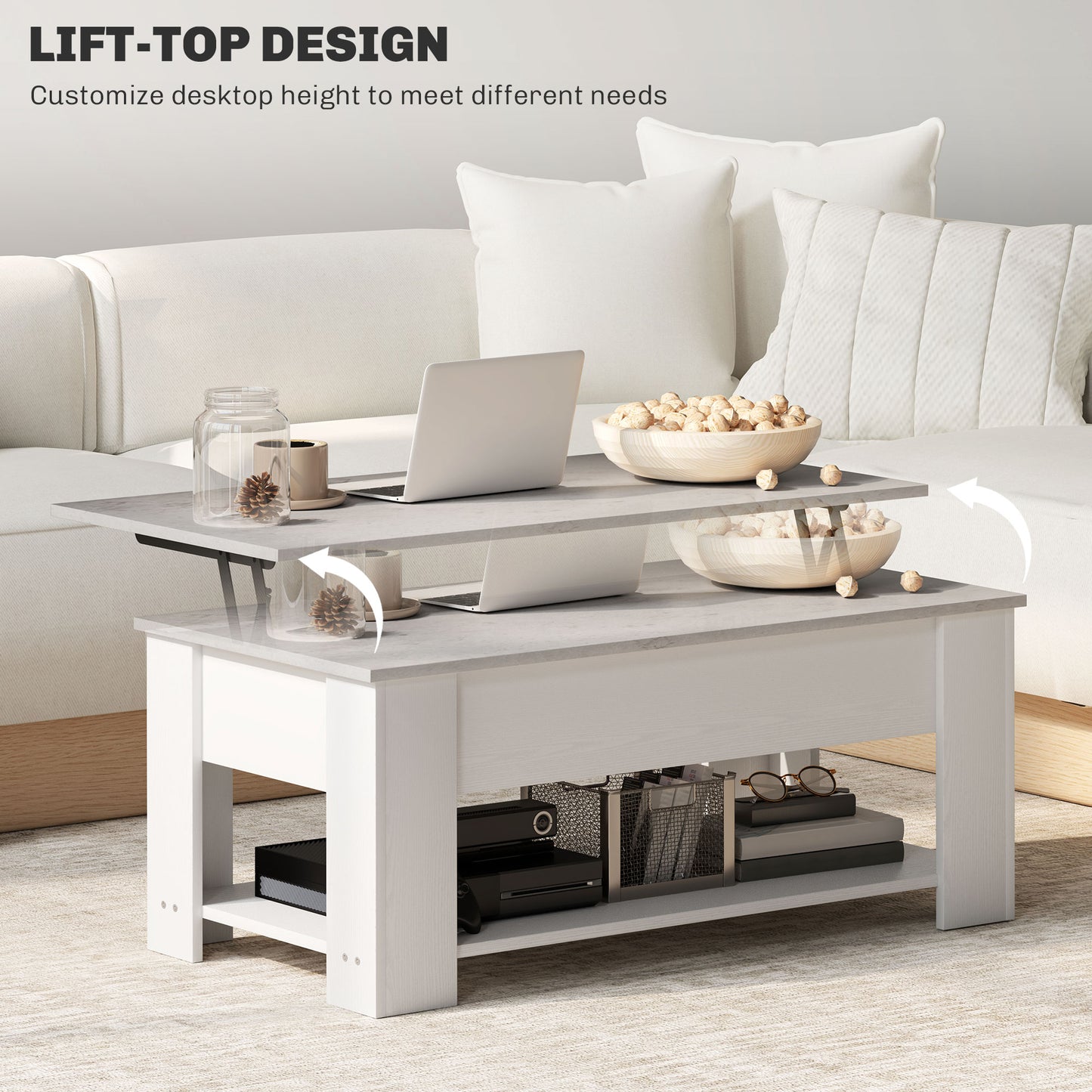 Lift Top Coffee Table with Hidden Storage Compartment and Open Shelf, Center Table for Living Room, White