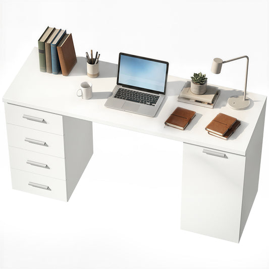 Computer Desk with Adjustable Shelf and Drawers - White Wood Grain