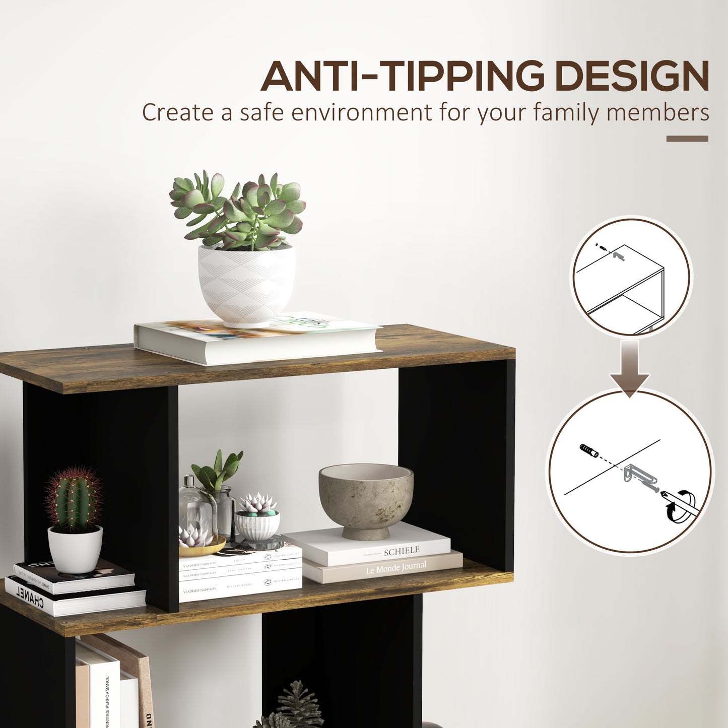 5-Tier Bookshelf, Geometric S-Shaped Bookcase, Tall Narrow Display Shelf for Living Room, Study Room, Rustic Brown