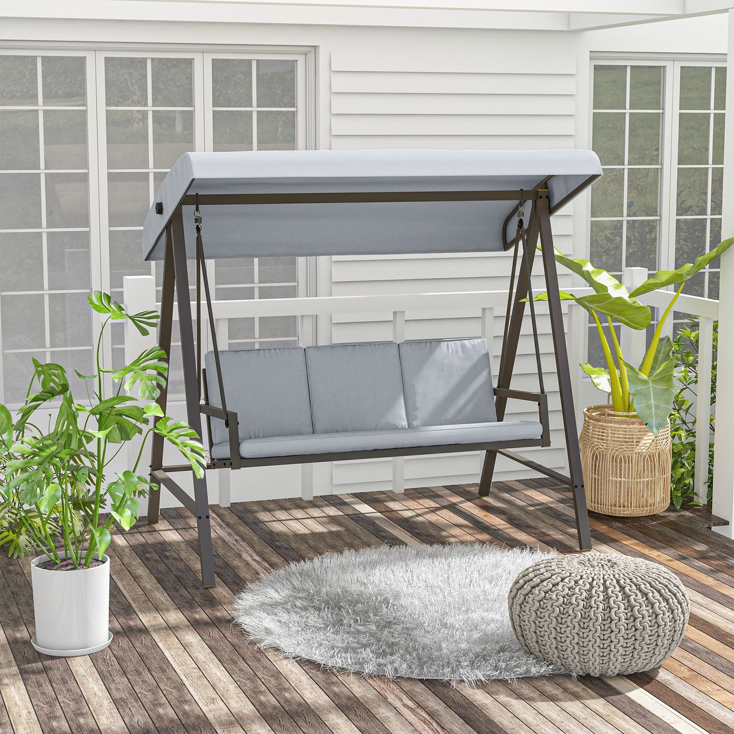 3 Seater Patio Swing Chair, Porch Swing with Adjustable Canopy and Removable Cushions, Outdoor Swing Seat, Light Grey