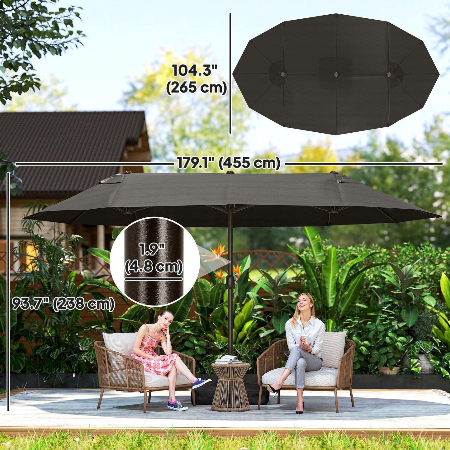 15' Outdoor Patio Umbrella with Twin Canopy Sunshade Steel Table Umbrella with Lift Crank, Cross base, Sandbag, Dark Grey