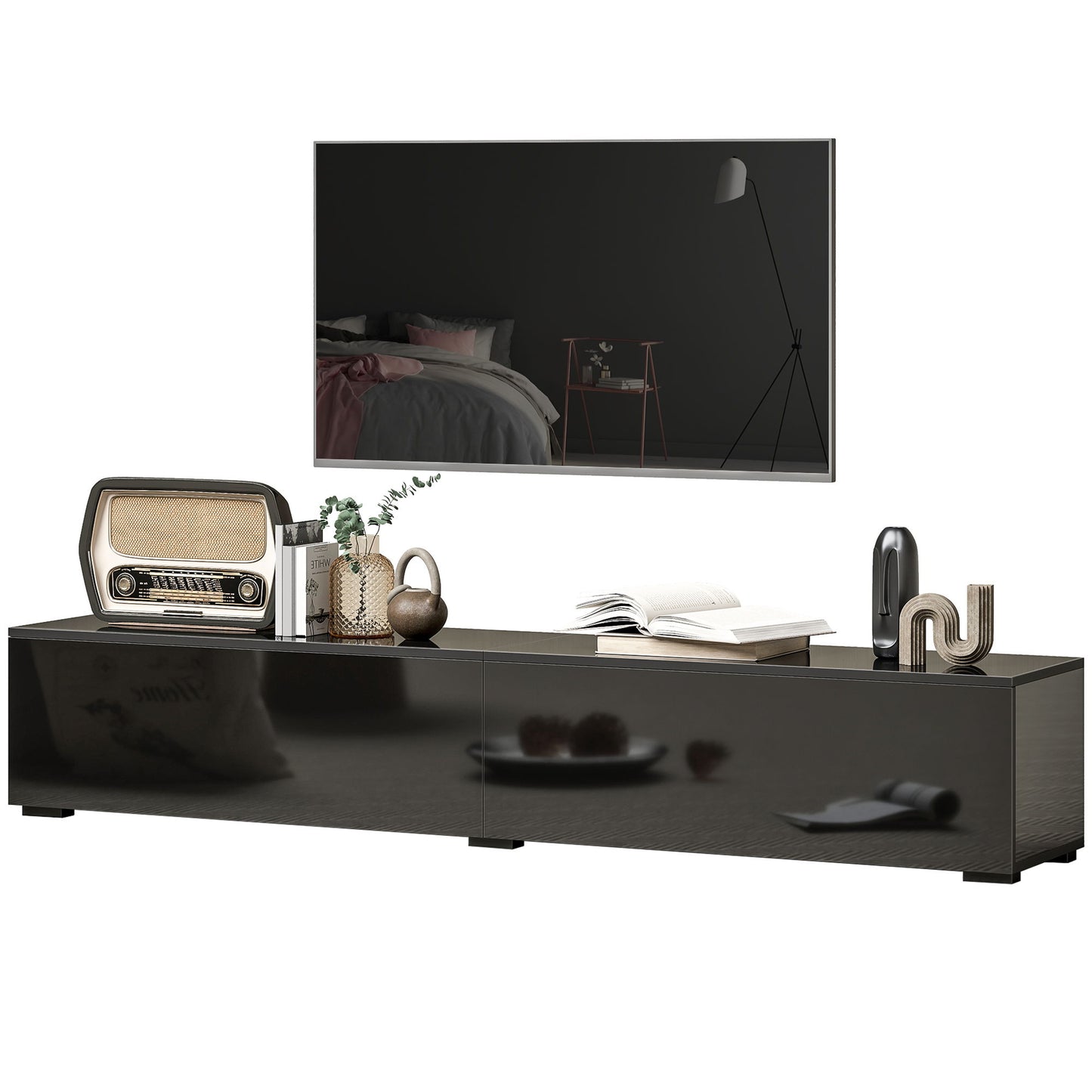 Floating TV Stand for TVs up to 75 Inch, 70.9" TV Cabinet, Entertainment Center with 2 Flip Doors, High Gloss Black