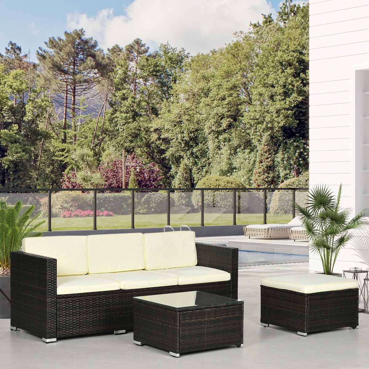 3 Pieces Patio Furniture Set with Cushions, Outdoor PE Rattan Wicker Conversation Corner Sofa Set with Glass Top Table and Adjustable Foot for Garden, Lawn, Cream White