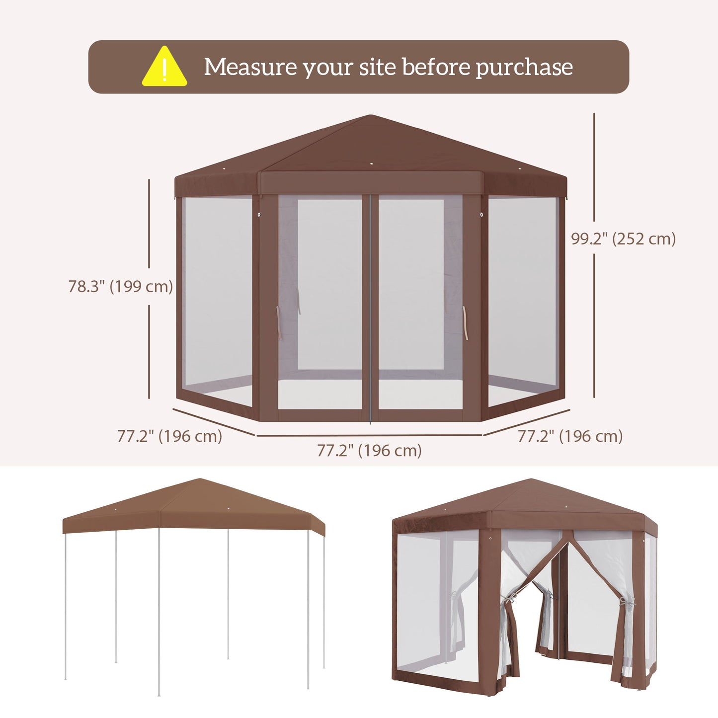 13' x 11' Hexagonal Party Tent, Canopy Tent with Nettings, Zipped Doors for Garden, Patio, Outdoor, Brown