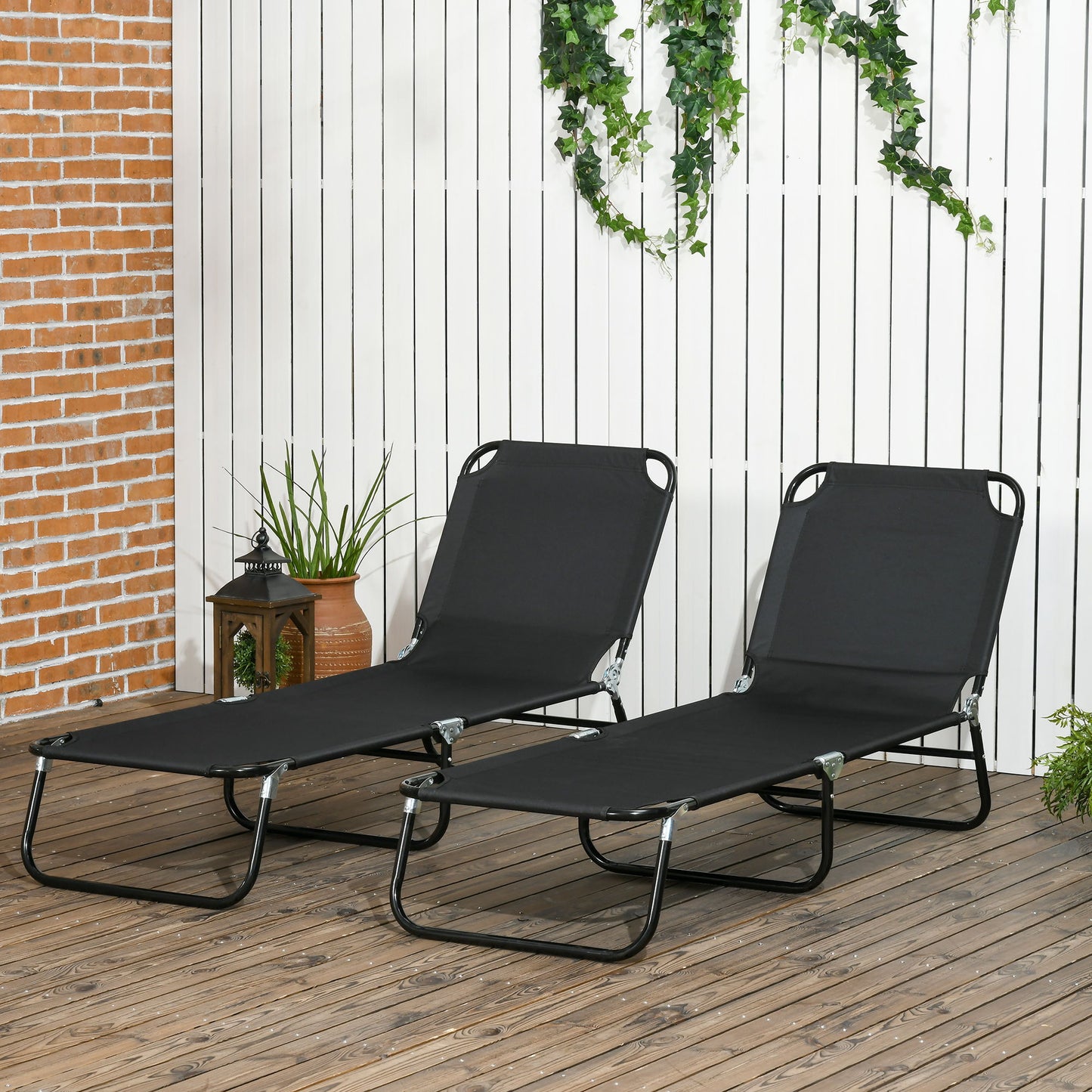 Set of 2 Folding Outdoor Lounge Chair, Sun Tanning Chairs with Reclining Back, Breathable Mesh for Beach Patio, Black
