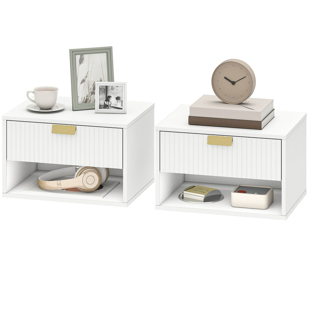 Floating Nightstand Set of 2 with Fluted Drawer - White