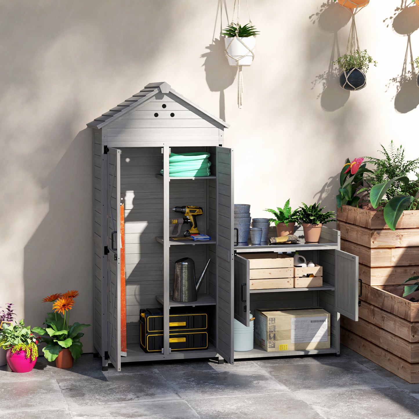 2-in-1 Outdoor Storage Cabinet, Wood Garden Shed with Shelves, Vent Holes, Foot Caps for Backyard, Patio, Lawn