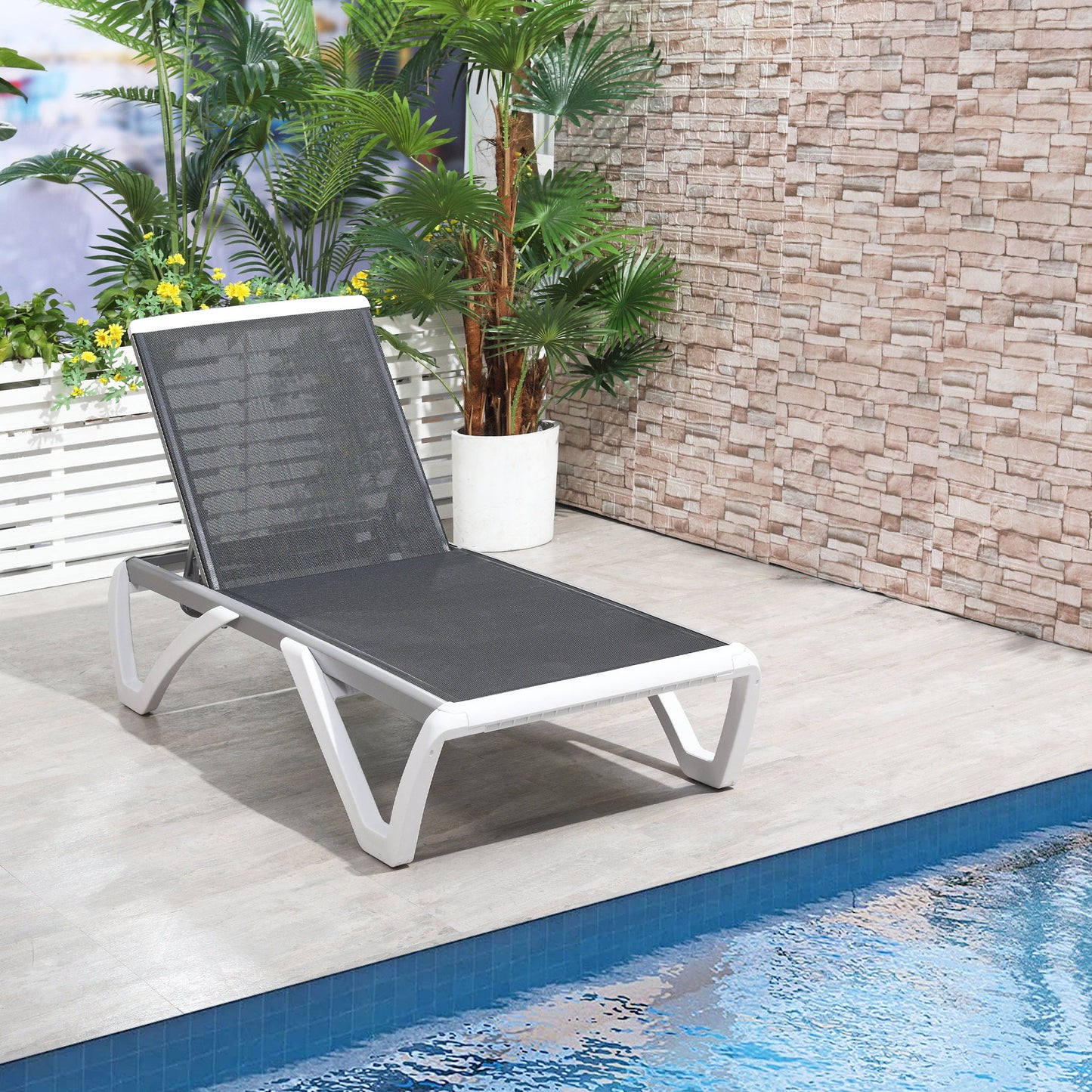 Outdoor Chaise Lounge Chair, Patio Aluminum Tanning Chair with 5-Level Adjustable Back, Portable Wheels, Breathable Mesh Fabric, for Pool, Deck, Garden, Black