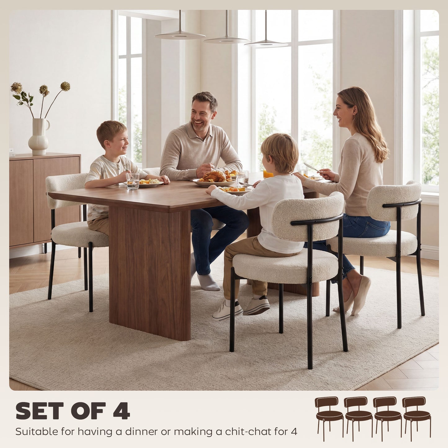 4 Pieces Kitchen Chairs, Modern Dining Chairs w/ Berber Fleece Upholstery and Steel Legs for Living Room, Beige