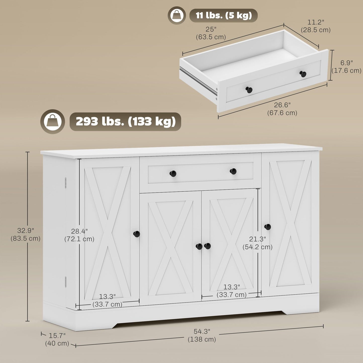 Farmhouse Buffet Sideboard with Barn Doors - White