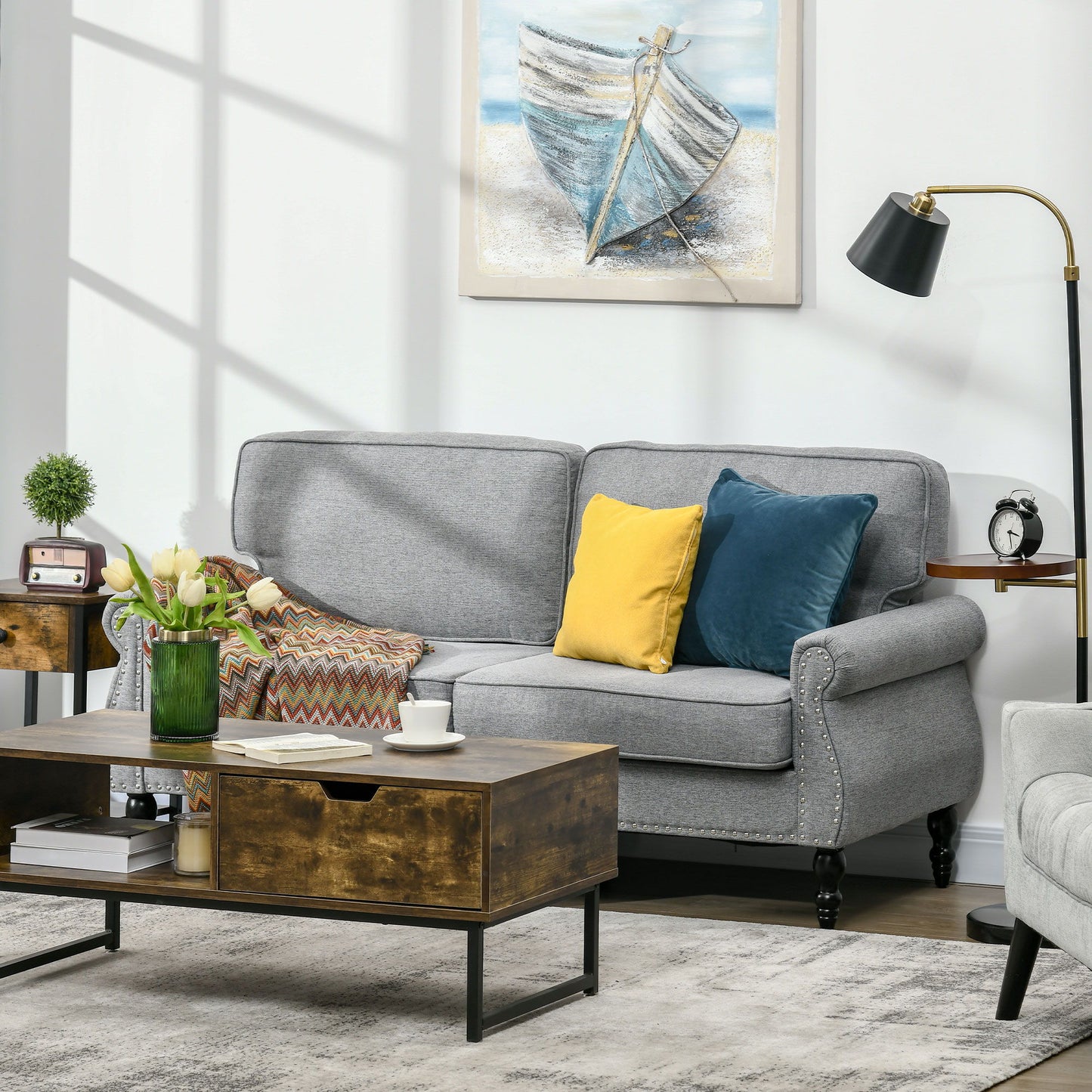 Stylish Midback Double Sofa with Sponge Padding, 2 Seater Sofa Couch, with Rubber Wood Leg, Grey