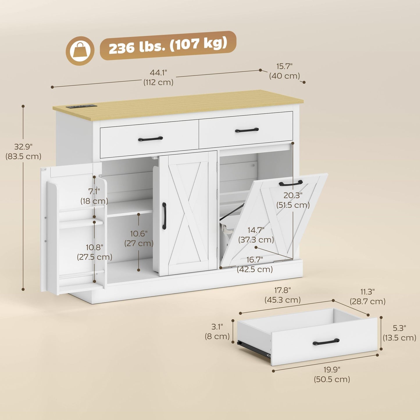 Tilt-Out Garbage Cabinet with Charging Station - White