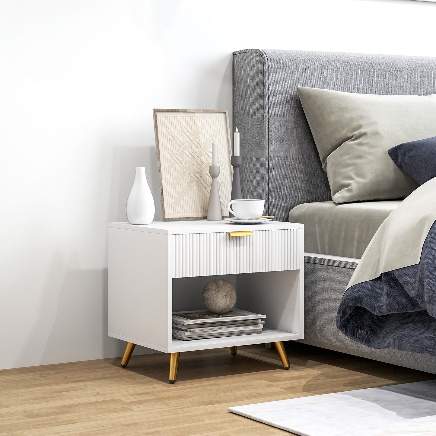 Fluted Nightstand with Drawer - White