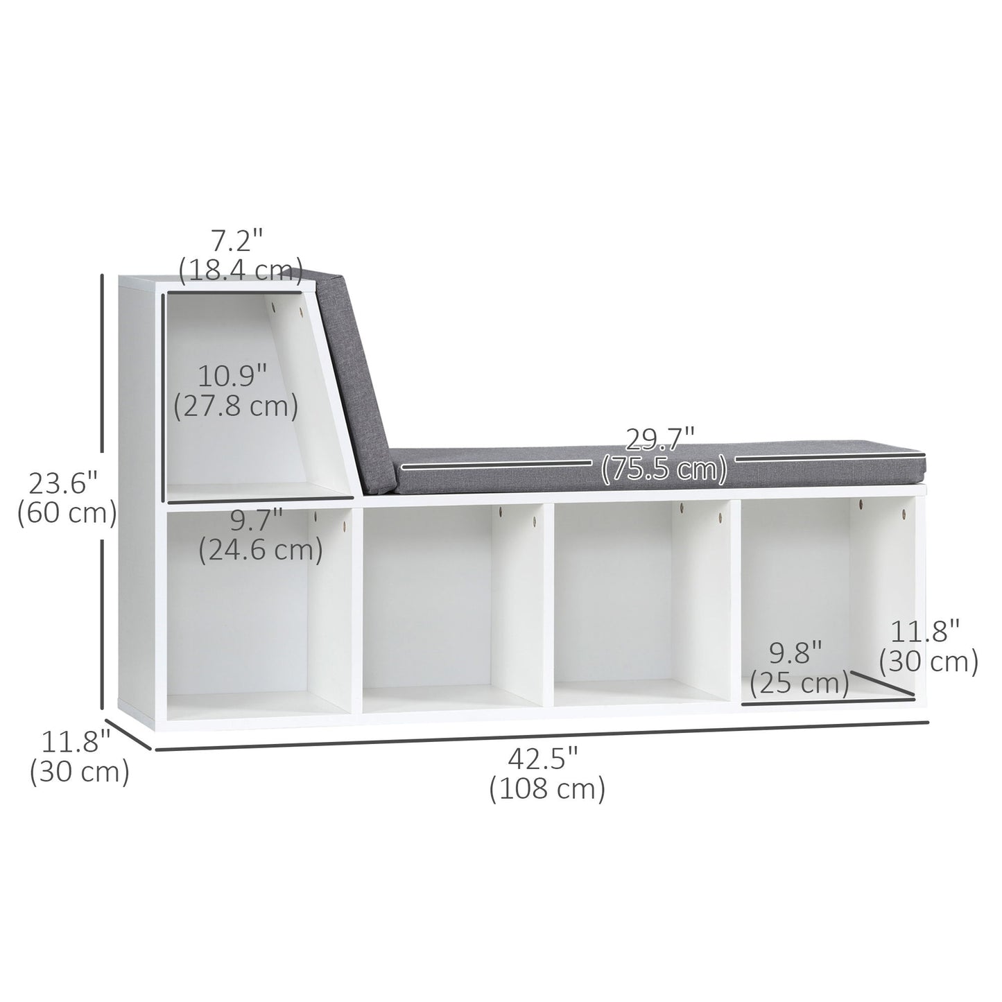 Multi-Purpose Bookshelf with 5 Cubes, 5-Cubby Bookcase with Cushioned Reading Nook and Storage Shelves, Grey