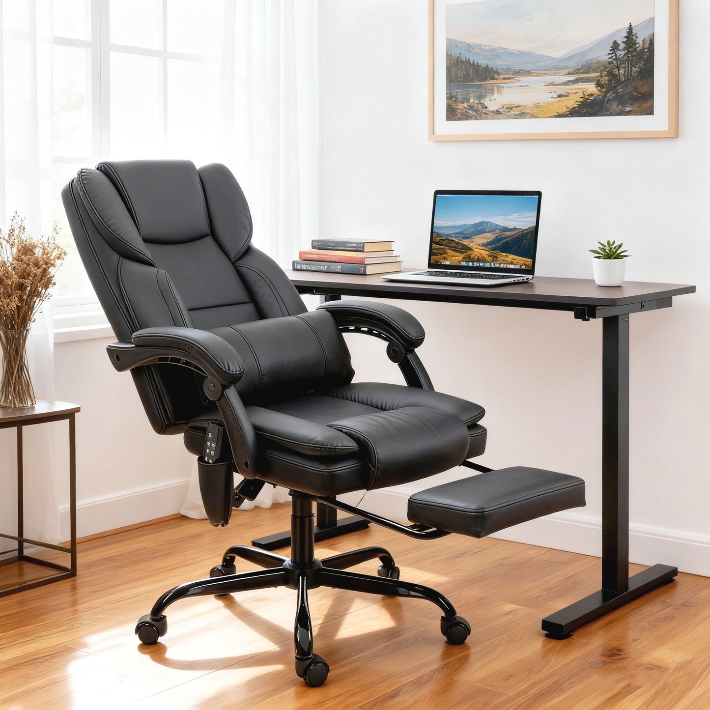 Reclining Massage Office Chair with Footrest - Black